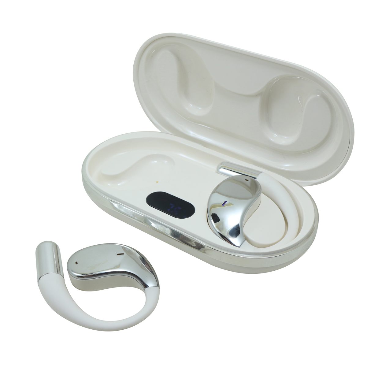 B1 AI translation earbuds resting in an open charging case on a desk