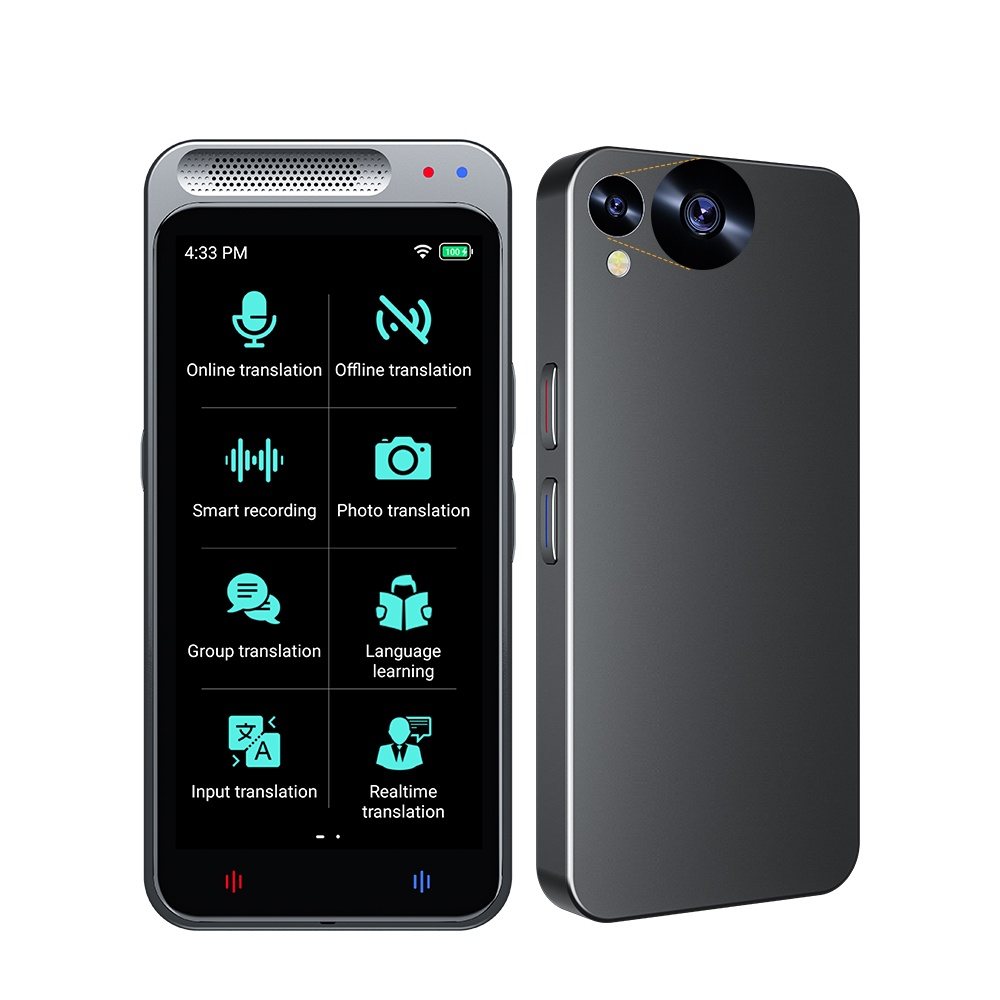 A1 AI pocket translator with its touch screen showing a translation card
